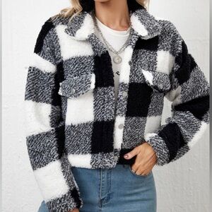 Buffalo Plaid Print Flap Pocket Teddy Jacket Black and White Size : Medium